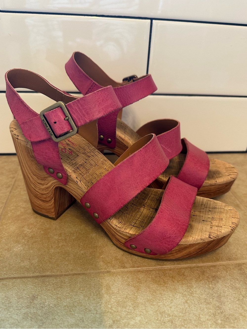 Kork Ease Red Leather Sandals with Block Wood Heel